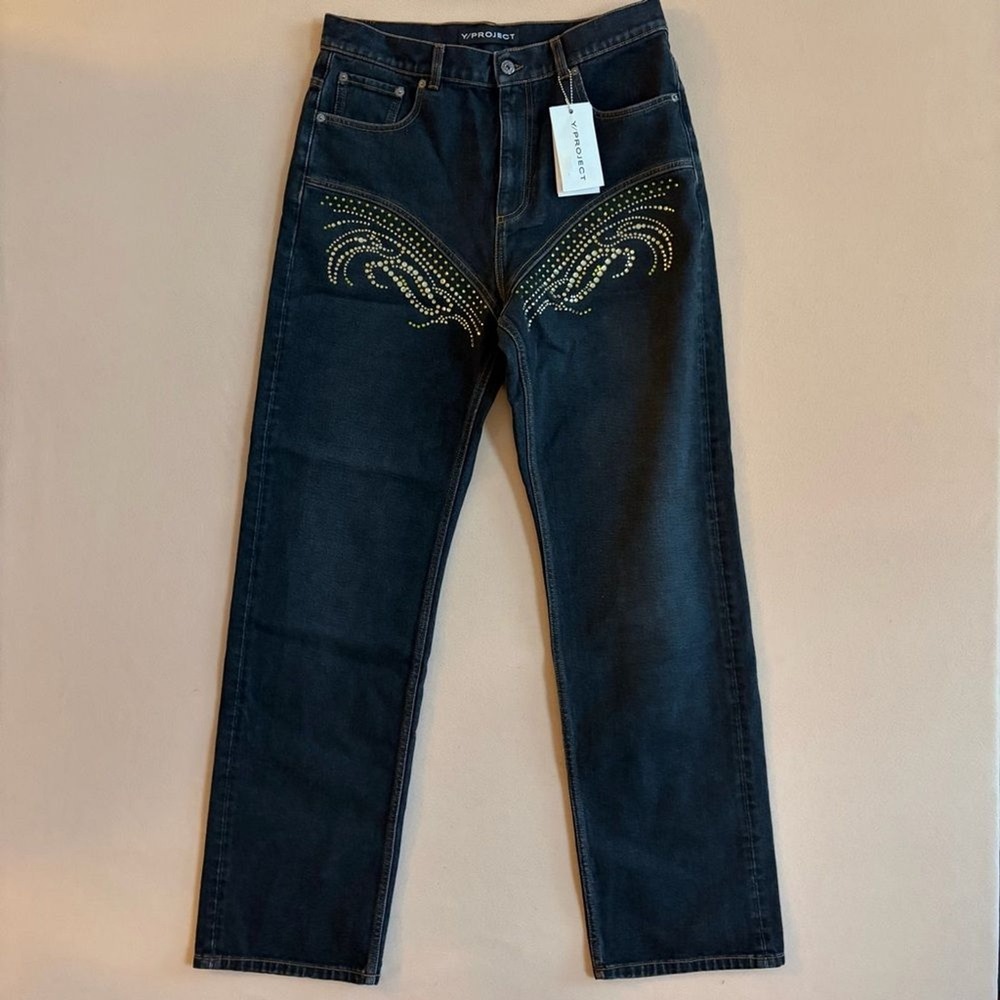 Y/Project NEW Unisex Rhinestone Crystal Embellished Jeans Size 31 Western Black